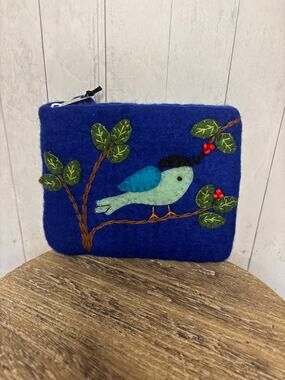 Felted Wool Coin Purse Wallet Cute Blue Bird Leaves Tree NEW! Wallets Boho